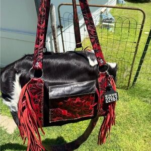 Holy Cow Couture Red and Black Tooled Leather Fringe Shoulder Bag